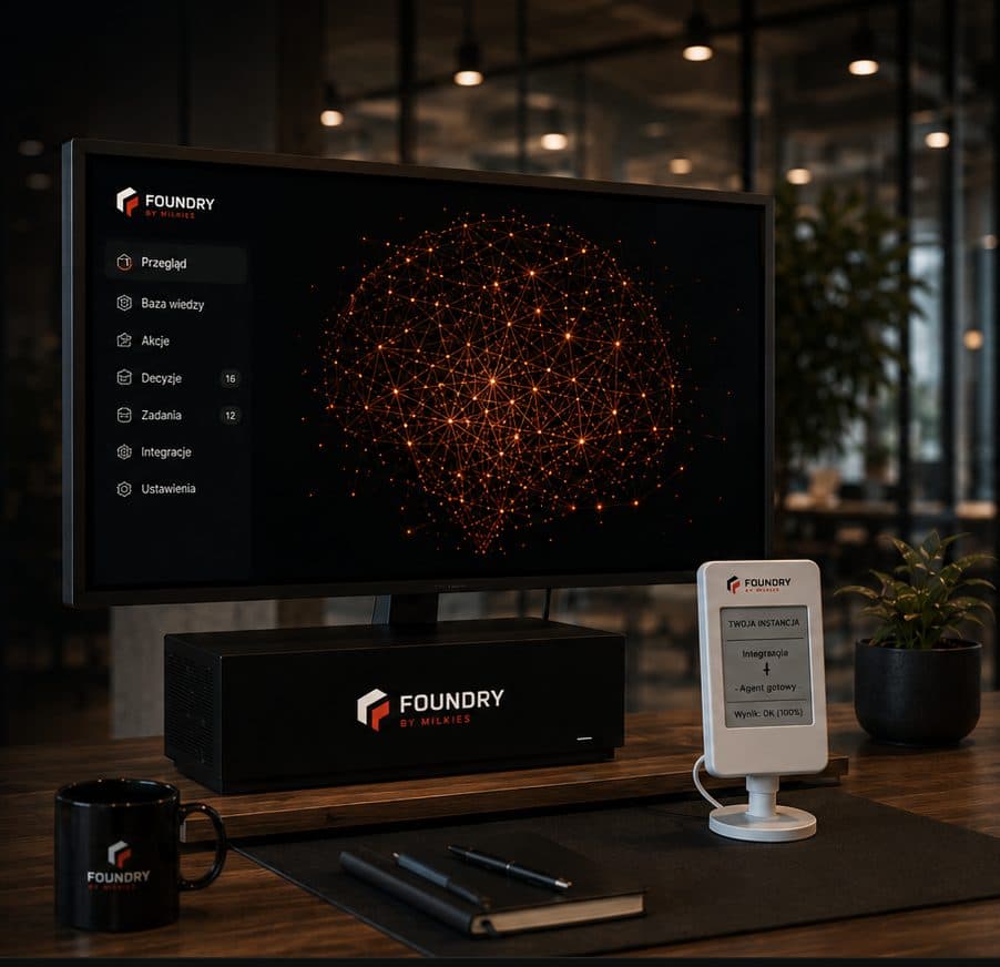 Biurko z monitorem pokazującym dashboard FOUNDRY, boxem instancji, e-ink pagerem i kubkiem FOUNDRY w ciemnym biurze